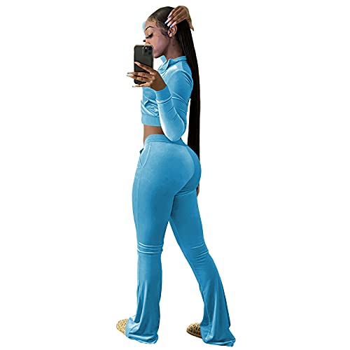 TWO PIECE PANTS OUTFITS FOR WOMEN VELOUR LONG SLEEVE ZIP UP CROP TOPS JACKETS AND FLARED LONG PANT SETS LIGHT BLUE S