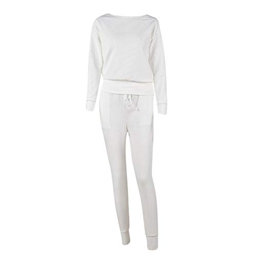 Dreamyth-Winter 2Pcs Women Solid Tracksuit Sweatshirt Regular Sleeve Long Pants Sport Lounge Wear Suit Sets (White, S:Bust:98cm/38.6'')