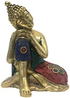 Padharosa Art Buddha Sitting with Head on Knee Statue in Brass 4 inches - Colourful Handmade Buddah Idol and Figurines in Brass - Indian Handicraft
