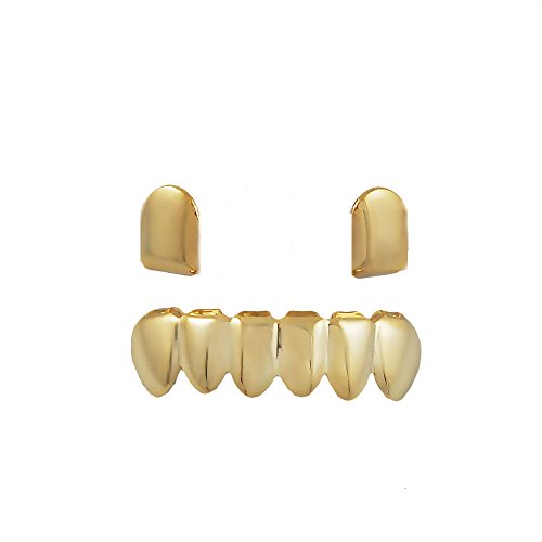 iRockBlingHip Hop Gold-Tone Removeable New Custom Mouth Grillz Set 2pc Single Top & 6pc Bottom Player Style …