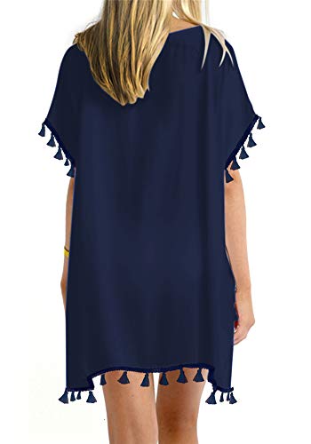 Yincro Women's Chiffon Swimsuit Beach Bathing Suit Cover Ups for Swimwear (Navy Blue Tassel, Size A)