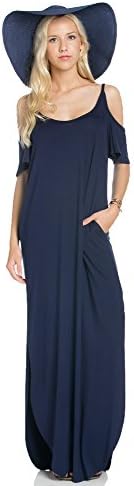 My Space Clothing Women's Jersey Cold-Shoulder Maxi Dress w/Pocket -Made in USA (Small, Navy)