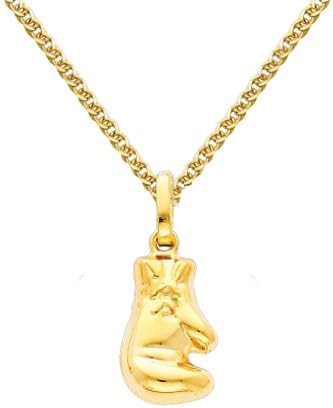 GM Fine Jewelry14k Yellow Gold Boxing Glove Charm Pendant with 1.5mm Flat Open Wheat Chain Necklace