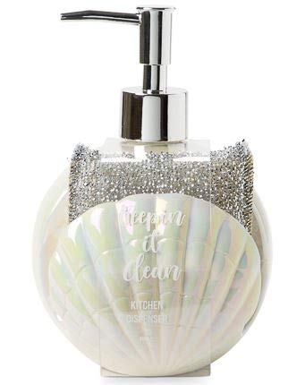 Tri-Coastal Design Decorative 2-in-1 Ceramic Shell Shaped Kitchen Bathroom Sink Countertop Space-Saver Refillable Soap Pump Dispenser and Sponge Caddy Holder