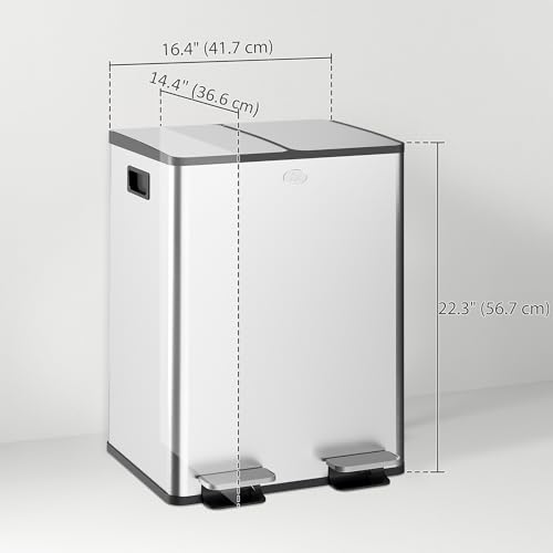 HOMCOM Trash Can and Recycle Bin, 2 x 5 Gallon (2 x 20 L) Stainless Steel Step Garbage Can with Soft Close, Stay-Open Lid, Deodorizer Compartment, Fingerprint-Proof, Silver