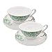FINECASA 6.8 Oz Bone China Teacup with Saucer Green Peony Coffee Cup Set of 2