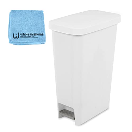 Sterilite Slim Trash Can with Lid, Step On 11 Gal White Kitchen Garbage