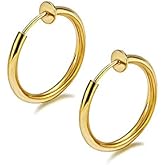 ZENCHEER Gold Clip On Spring Hoop Earrings for Women - 14K Chunky Non Pierced Earring Plated Hoops Drop Dangle Earrings No Piercing Jewelry