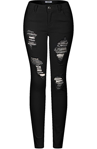 2LUV Women's Stretchy 5 Pocket Destroyed Black Skinny Jeans Black 15