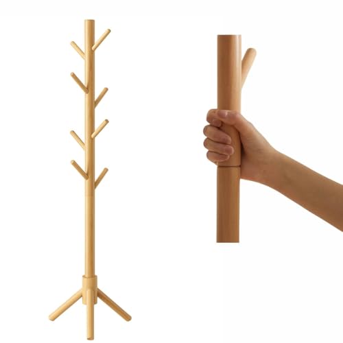 Cabideiro de Chão em Madeira 175 cm de Altura 8 Ganchos Mancebo Cabideiro Arara de Madeira Polida Ecológica e Vertical Desmontável e Leve Ideal para Pendurar Roupas e Acessórios Premium