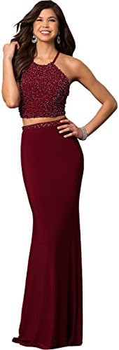 Alinafeng Women's Sexy Halter Two-Pieces Open Back Long Evening Prom Dresses(10,Burgendy)
