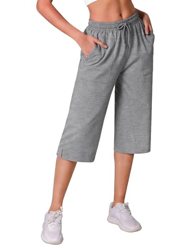Crewhpo Women's 3/4 Capri Sports Trousers with Pockets Elastic Waist Drawstring Trousers Tracksuit Summer for Yoga Fitness Running Jogging