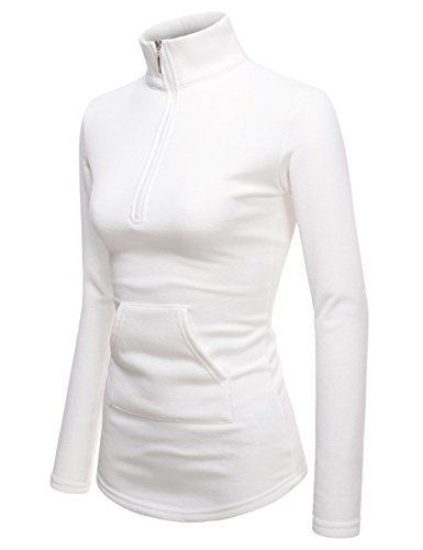 NEARKIN (NKNKWTT791 Women Soft Fleece Lined Comfy Slim Cut Upturned Collar Zipup Tshirts White US S(Tag Size M)