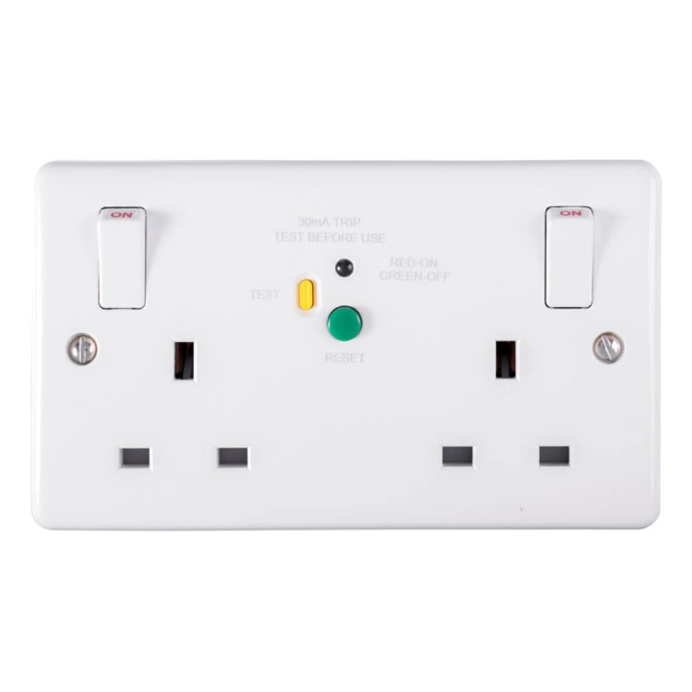 Eurolite 13A 2 Gang DP RCD Switched Socket, PASSIVE-30MA Type A, White Plastic
