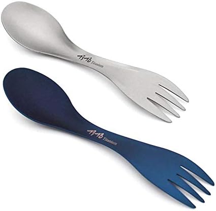 2 Pcs Titanium Eco-Friendly Durable Rustproof Titanium Flatware Light Weight Spoon Fork, 2 in 1 Cutlery/Utensil for Outdoor Camping Travel Hiking