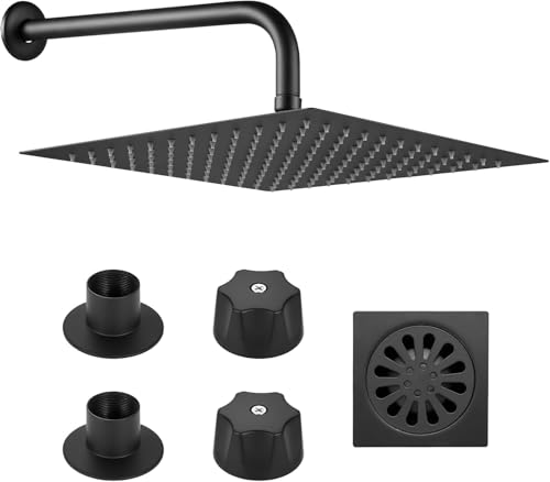 Regadera Cuadrada Negra de 30 cm, Regaderas para Baño Cuadrada con Tubo 40 cm Alta Presion, Resumidero Cuadrado(10 x 10 cm) y Manerales en Negro Mate