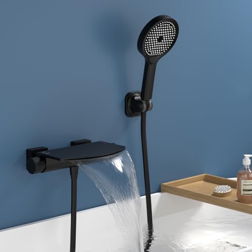 HOMELODY Black Bath Mixer Tap with Hand Shower, Waterfall Bath Tap, Brass Mixer Tap, Wall Fitting for Bathtub, Wall Mounted with Large Platform