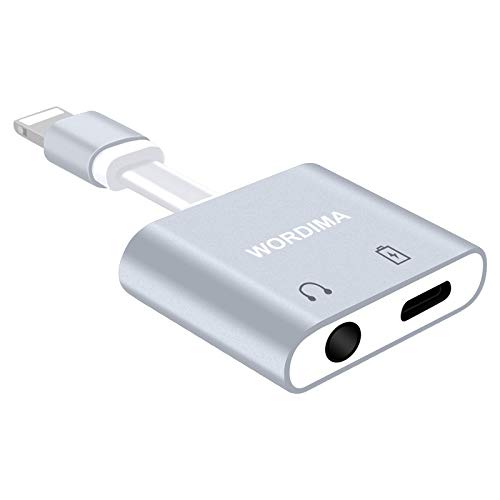 WORDIMA Headphone 3.5mm Jack Adapter for iPhone XS MAX XR, 3.5mm Audio Splitter Earphone Connector Music Charger Convertor 2 in 1 Aux Adapter Compatible with iPhone 8/X/XS MAX/XR/8Plus/7/7 Plus-Silver