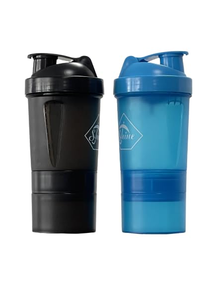 SHINE 2 PACK PROTEIN BOTTLE SHAKERS WITH TIGHT LIDS FOR SPORTS AND FITNESS with compartments (2 PACK, BLUE/BLACK)