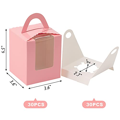 VGoodall 30 PCS Pink Cupcake Boxes, Single Cupcake Carrier with Window Insert and Handle Pastry Containers Muffins Cupcake Carriers for Bakery Wrapping Party Favor Packing