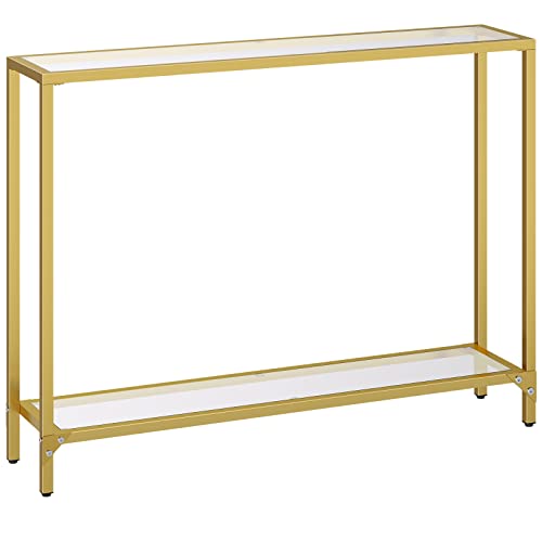 HOOBRO Gold Console Table for Living Room, 100 cm Narrow Long Sofa Table with Tempered Glass, 2 Tier Skinny Entryway Table with Open Shelves, Slim Hallway Table with Metal Frames, Gold EGD04XG01