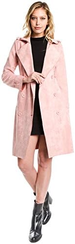 FANCO Women's Duster Coat Faux Suede Lapel Double Breasted Trench Coats With Belts (M, Pink)