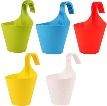 Maanit Plastic Hook Hanging Pot, Multicolor Pack of 5 Plant Container Set (Pack of 5, Plastic)