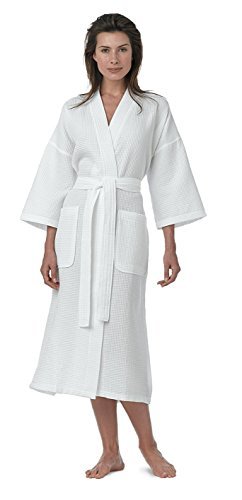 Pure Linen Turkish Waffle Kimono Style Adult Unisex Bathrobe, White, Large