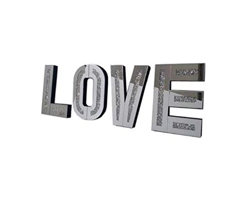 Amazing Gift Sparkling Diamond LOVE Letters Mirrored Glass Wall Art with Crushed Crystal Accents, Wall Mounted Crystal Hung Art For Home Office Living Room Decoration, silver- 50cm x 30cm