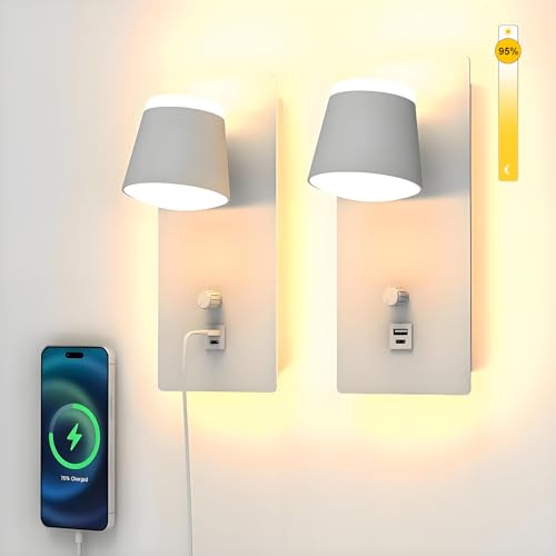 Sytmhoe 2 Pieces Wall Lamps Design White Interior with Built-in Switch USB Type C, Dimmable 3000 K 16 W Wall Lights for Bedroom, LED Wall Light for Living Room, Apartment