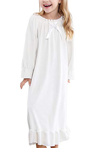 PUFSUNJJ Girls Princess Nightgown,Winter Long Sleeve Flannel Nightdress Pajamas Dress Kids 3-12 Years Offwhite