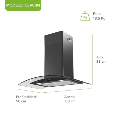 AVERA Campana de cocina 80 cm de pared negra, 3 velocidades, Luz LED, Filtro de carbón activado, Filtro de malla metálica lavable, Acero inoxidable y vidrio templado, Diseño curvo | CEV80N