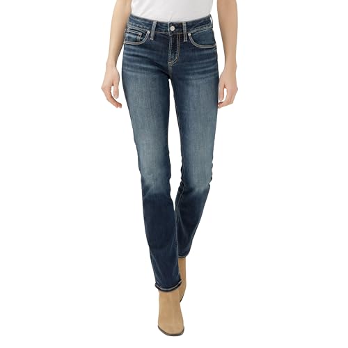 Silver Jeans Co. Women’s Suki Mid Rise Curvy Fit Straight Leg Jeans, Dark Indigo Wash
