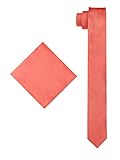 Men's Solid Slim Necktie with Matching Pocket Hanky - Coral
