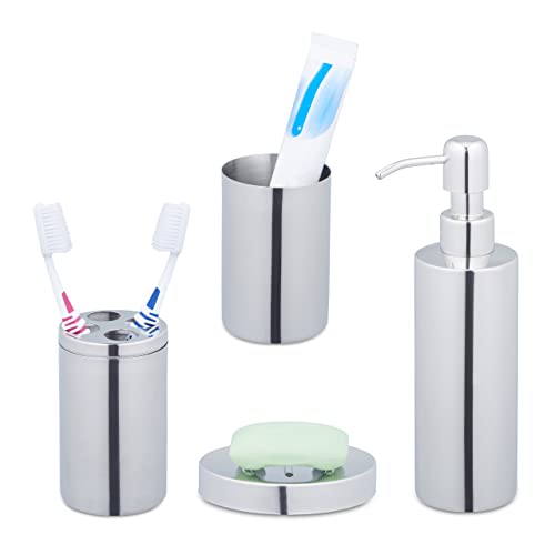 Relaxdays Set Bagno Completo, 4 Accessori, Kit WC Acciaio Inox Lucido, Portaspazzolino, Sapone e Saponetta, Argento