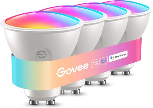 Govee WiFi Smart Bulb, GU10 RGBWW LED Bulb Works with Matter, Alexa and Google Home, 400LM Smart GU10 Lamp, Dimmable, 16 Million Colours, Music Sync, 4 Pack