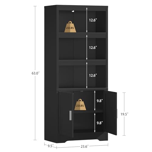 TEENFON Bookshelf with 16 Color Lighting Modes, Bookcase with 2 Doors and Adjustable Shelf, Floor Standing 5 Shelf Display Storage Shelves, Tall Bookcase for Home Office, Living Room, Black