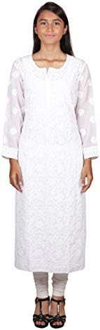 Handmade Lucknow Authentic Chikan kari Cotton Straight Kurta for Ladies (White, S)