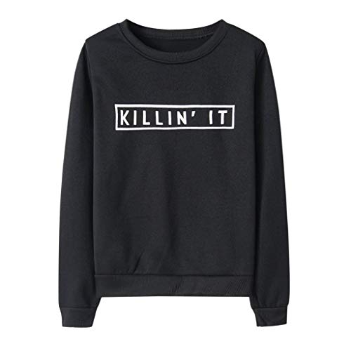 TOOPOOT Women Tops  Autumn Letter Printing Round Neck Long Sleeve Casual Blouse Sweatshirt Black