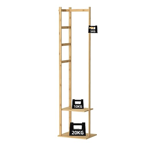 medla Bamboo Clothes Hanger Stand: Wood Cloth Rack with 3 Hanging Hooks and 2 Tier Shoe and Bag Storage Shelves Free Standing Coat Organizer for Hallway Home Office