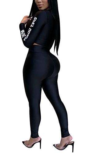 Women Sexy Long Sleeve Letter Print Crop Tops High Waist Leggings 2 Piece Bodycon Set Casual Outfit Tracksuit
