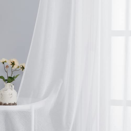 PONY DANCE White Transparent Short Curtains with Ruffle Tape, Set of 2, H 160 x W 140 cm, Living Room Curtains with Ruffle Tape, White Curtains, Linen Look, Transparent
