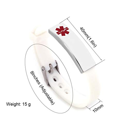 BAIYI Medical Alert ID Bracelets Sport Silicone Wristband White for Women Girls Free Engraving