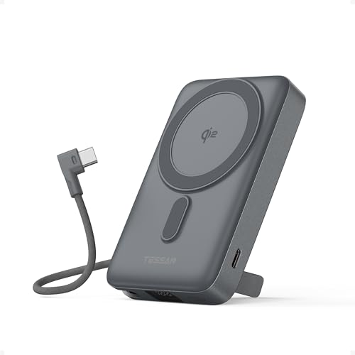 TESSAN 10000mAh Power Bank Inalabrico, PD 35W Cargador USB C Magnética Carga rápida, Batería Portátil con Cable USB-C Incorporado y Soporte Compatibles con iPhone Serie 17/16/15