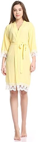 ellenwell Women's Cotton Knit Kimono Robe for Bride and Bridesmaid with Lace Trim Nightwear