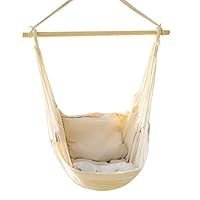 EverKing Hanging Rope Hammock Chair Porch Swing Seat, Large Hammock Net Chair Swing, Cotton Rope Porch Chair for Indoor, Outdoor, Garden, Patio, Porch, Yard - 2 Seat Cushions Included (White)