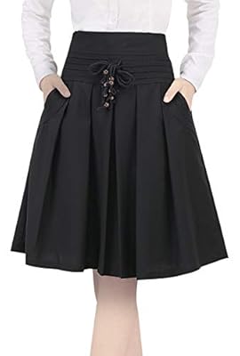 Choyatou Women's Drawstring Waist Thin/Thick A-Line Pleated Midi Skater Skirt