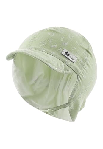 Sterntaler Schirmmütze Nacken Saurier - Jungen Mütze aus Baumwolle - UV-Schutz 30 Sommermütze mit Ohrenklappen und Bindeband - Sonnenhut - Baby und Kinder Kopfbedeckung - eisgrün, Größe 47