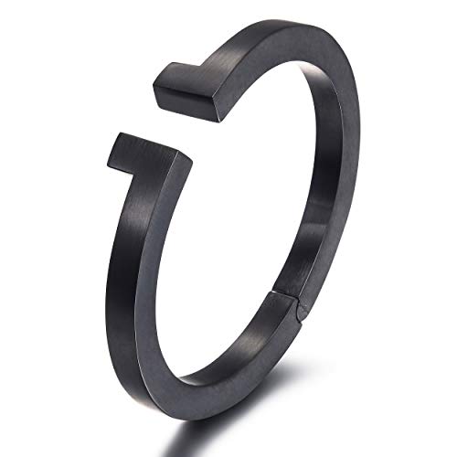 JINBAOYING Black Bracelet Mens Bangle Bracelet with Stainless Steel and Spring-Clasp Cuff Bangle Bracelet Jewelry Gift for Men Boys (Black Bangle for Male)