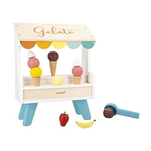 Janod Serve and Scoop Ice Cream Gelato Stand - 15 Piece Wood Magnetic Play Food Set - Includes Ice Cream, Magnetic Scoop, and Toppings- Pretend Play Set - Ages 3-5 Years - J06558
